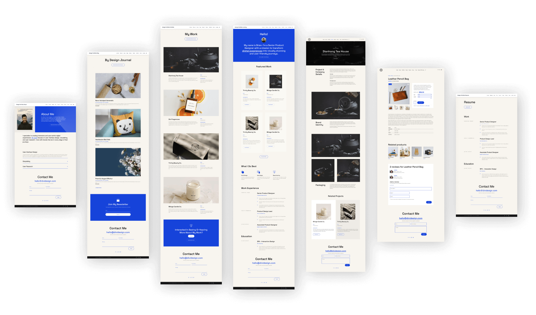 Colagem das páginas principais do Divi Portfolio Starter Site