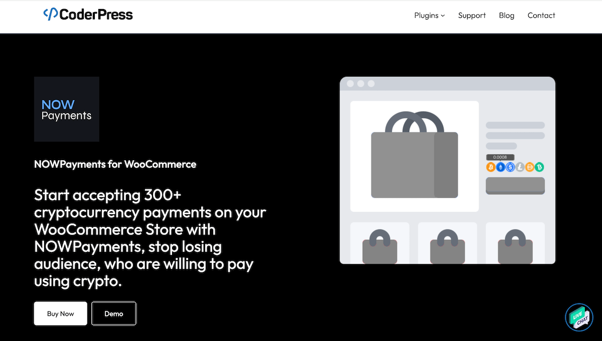 Die CoderPress-Website zeigt das NOWPayments for WooCommerce-Plugin.