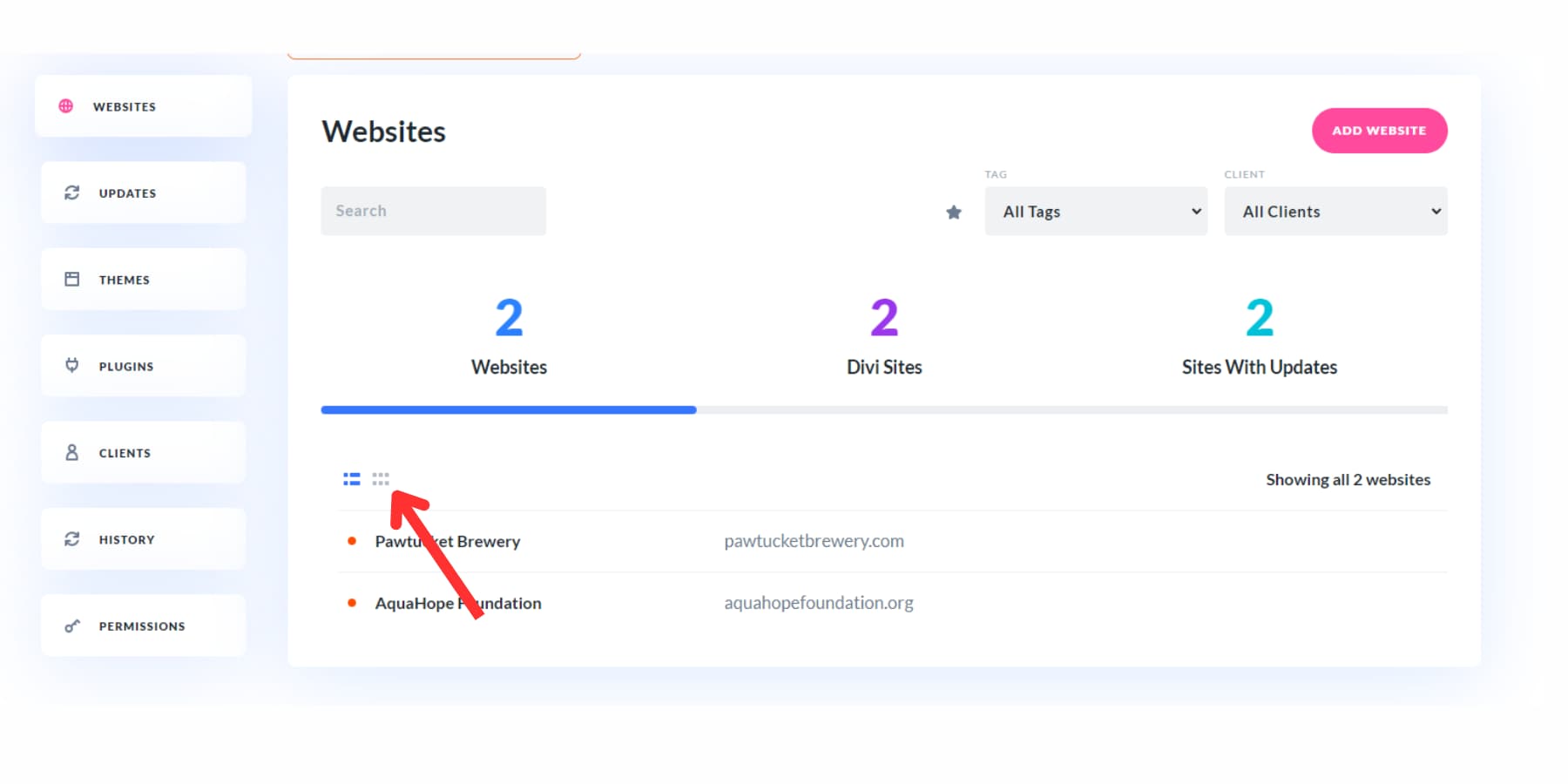 O captură de ecran a modului de sortare a vizualizărilor site-ului