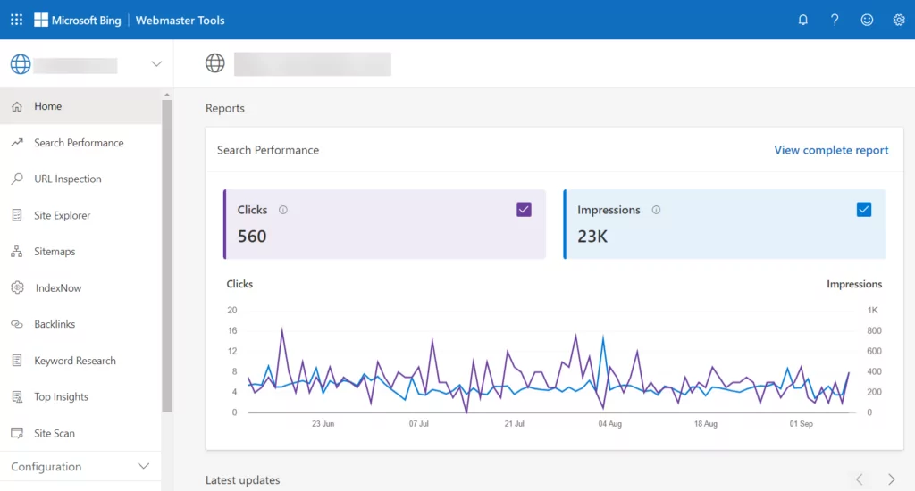 Panel de control para webmasters de Bing