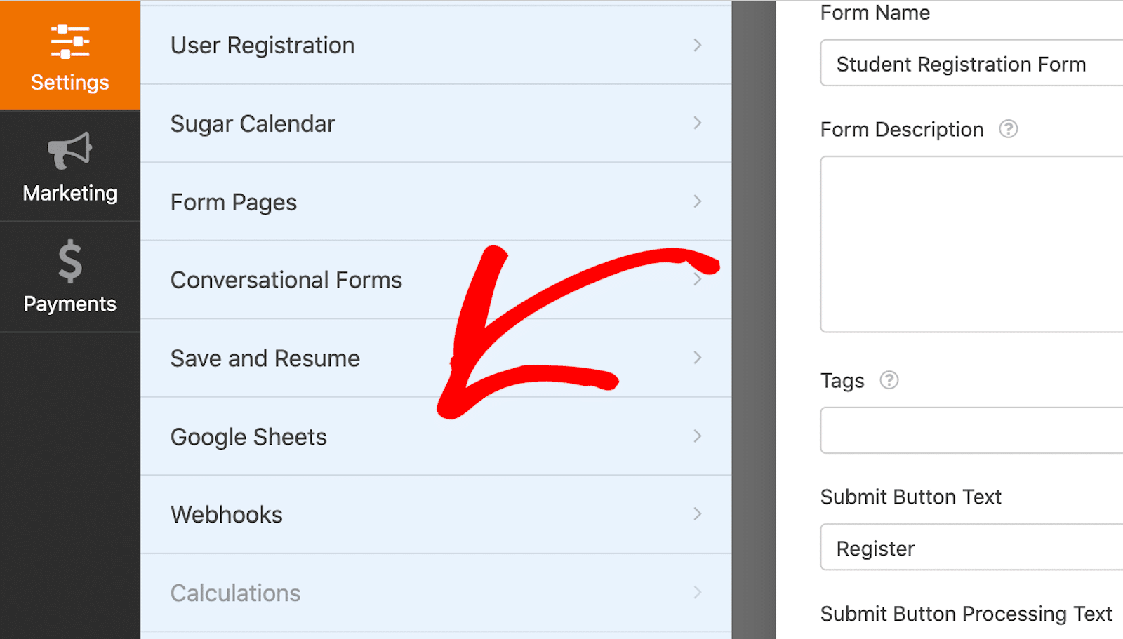 Google Sheets in settings