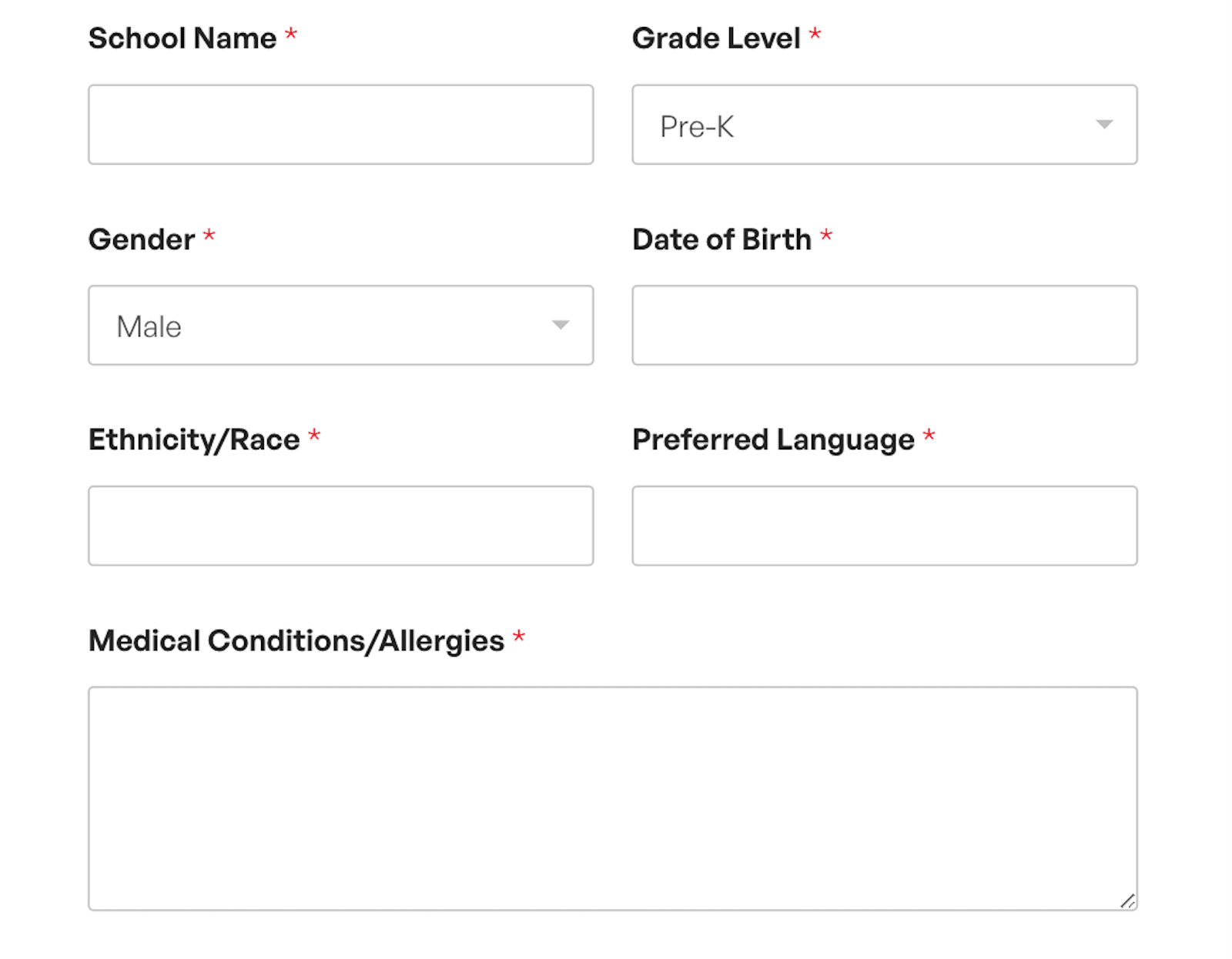 Student registration form fields