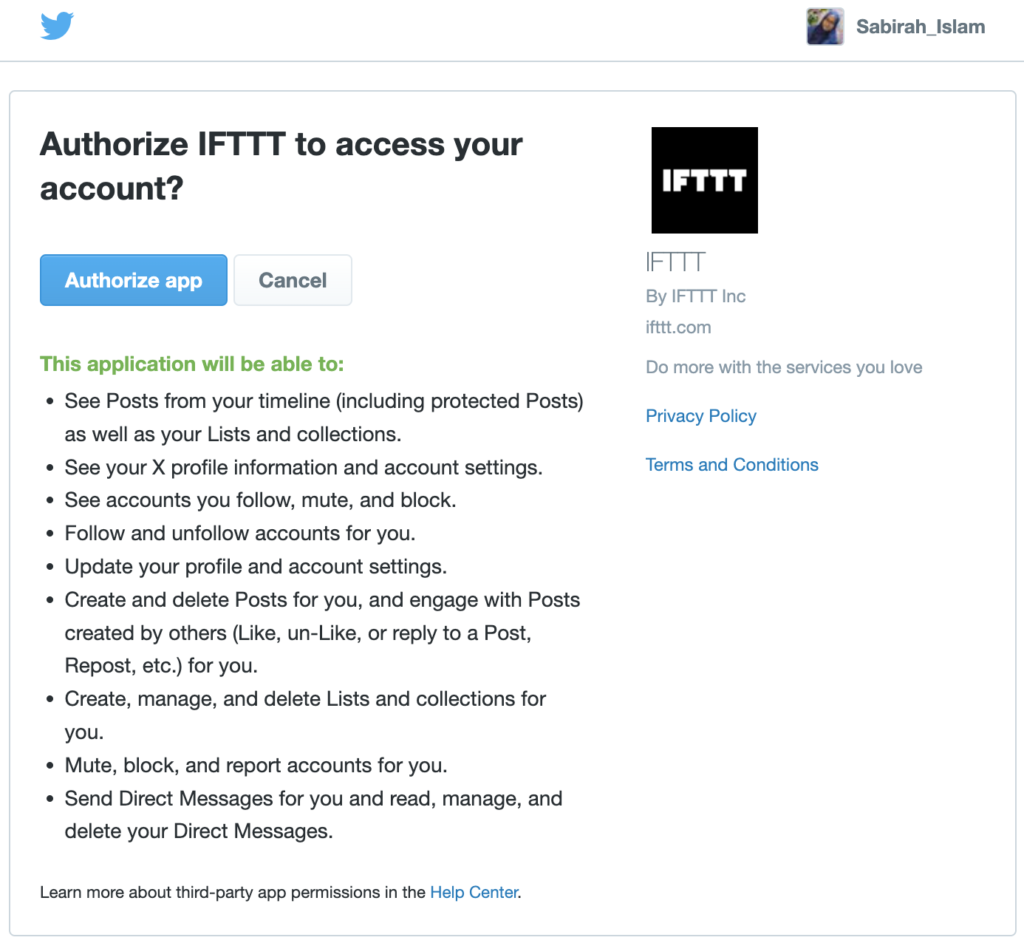 これは IFTTT で Twitter アカウントを認証するためのスクリーンショットです - WordPress の投稿を自動的にツイートする方法