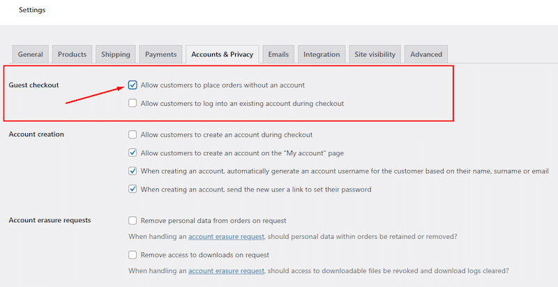 Permitir check-out de convidado para melhorar as conversões - Fonte: Meu painel WooCommerce 