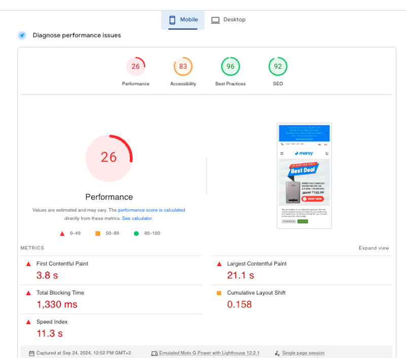 Denetim, Önemli Web Verileri ve diğer temel performans ölçümlerine odaklanır ve Fırsatlar bölümü, görüntüleri optimize etmek, oluşturmayı engelleyen kaynakları ortadan kaldırmak, önbelleğe alma kullanmak ve kullanılmayan JavaScript'i en aza indirmek gibi uygulanabilir önerileri vurgular.  