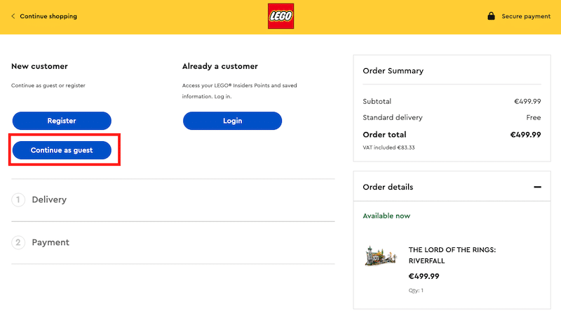 訪客、報名和登入結帳 - 來源：Lego 