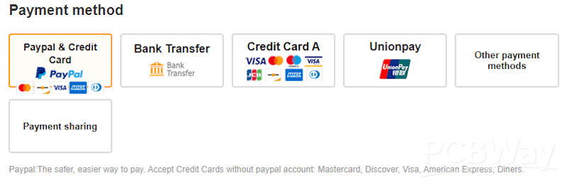 Différents modes de paiement - Source : PCBWay 