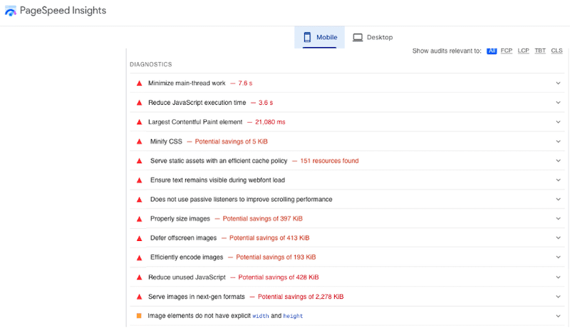 ตัวอย่างการวินิจฉัยประสิทธิภาพที่ต้องปรับปรุง - ที่มา: PageSpeed ​​Insights 