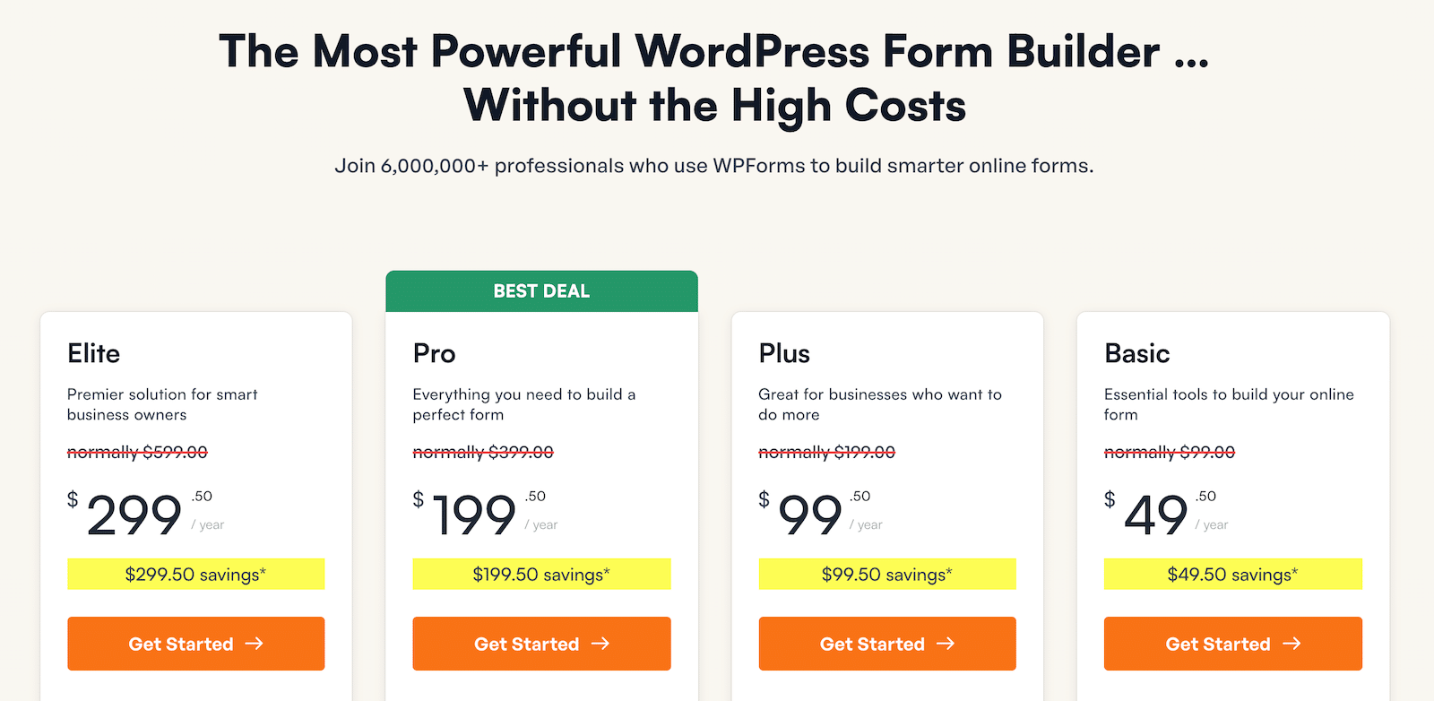 The WPForms pricing page. 