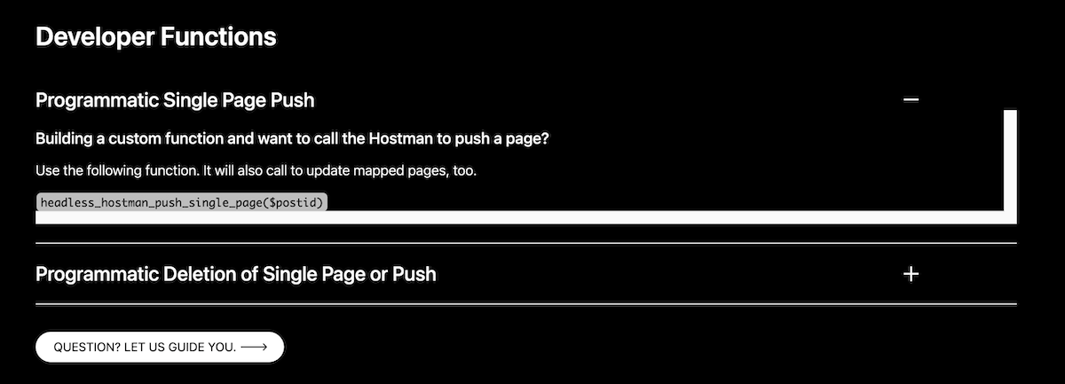 La sezione Funzioni sviluppatore del pannello di gestione Headless Hostman.