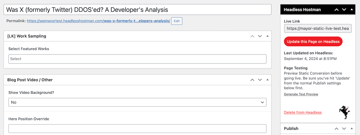 Ecranul Editor de pagini din Headless Hostman.