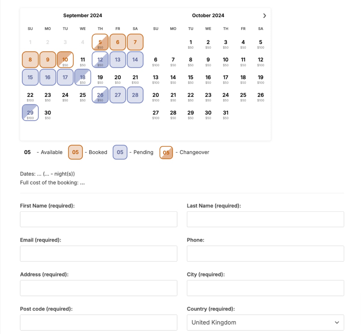 Ejemplo de calendario de reservas de WordPress.