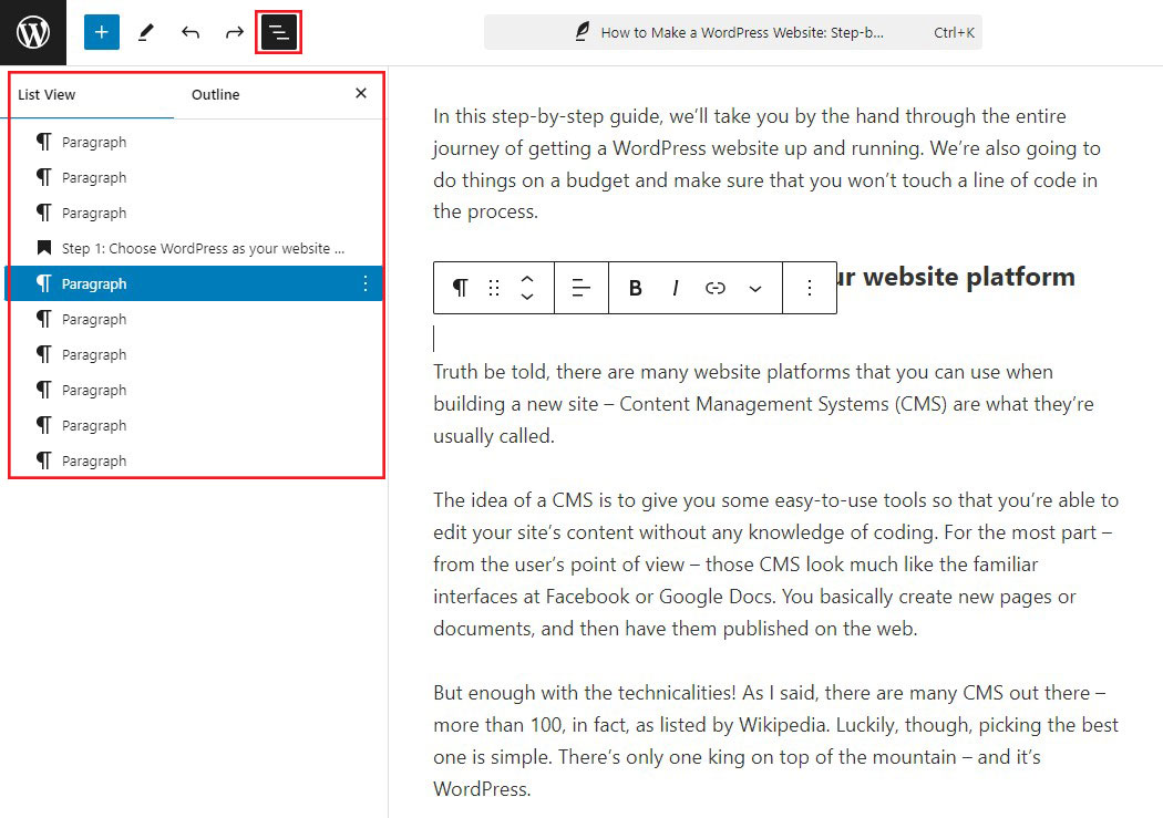 Selecionando bloco de parágrafo na visualização de lista no editor de bloco Gutenberg