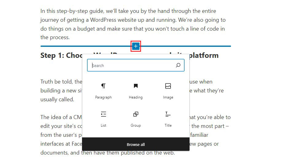 Fügen Sie das Symbol „WordPress-Blöcke“ im Inhaltseditor hinzu