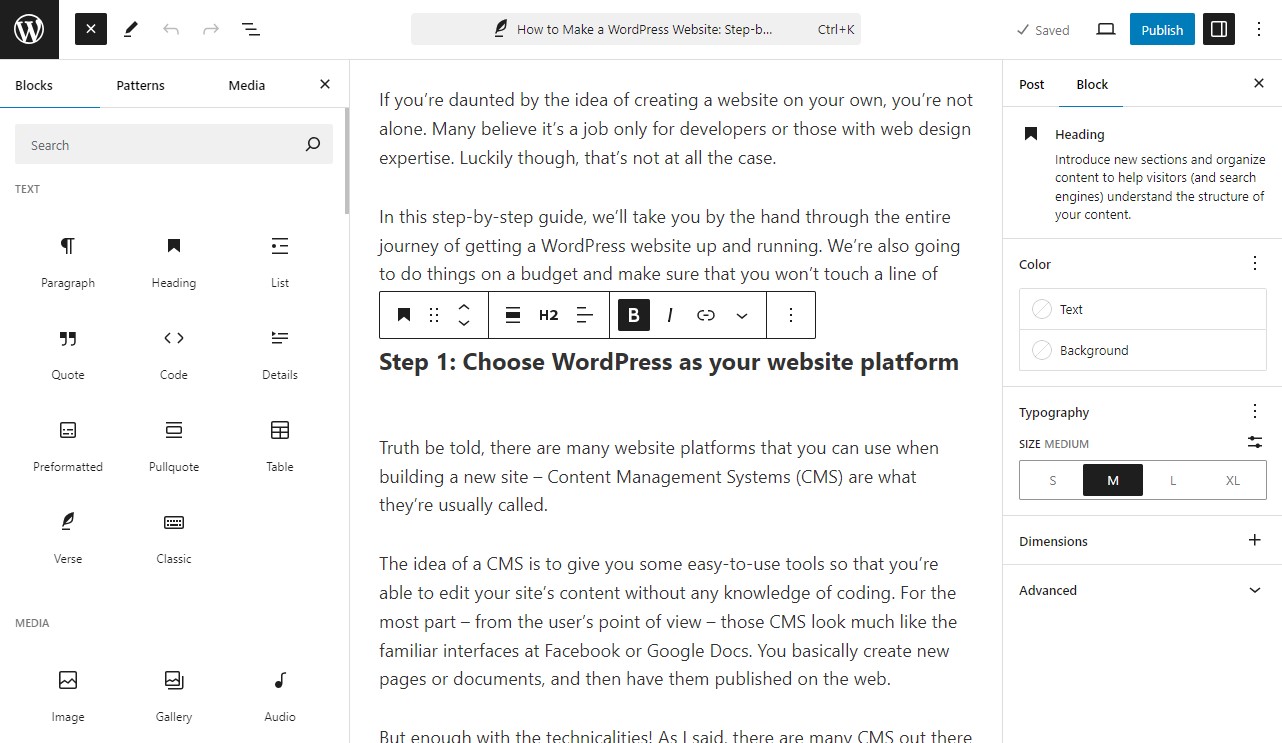 Interface do Editor de Blocos WordPress