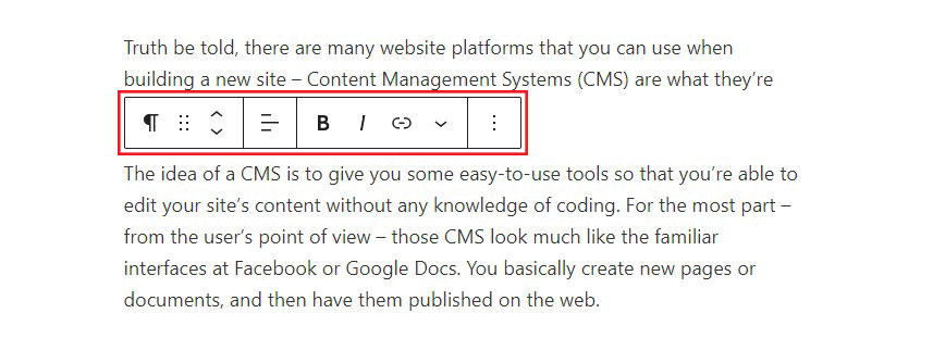 Configurações básicas embutidas para blocos Paragragh