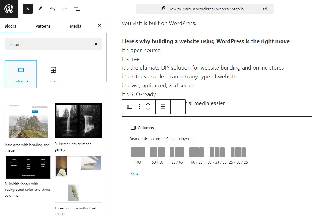 เพิ่มบล็อกคอลัมน์ใน Gutenberg Editor