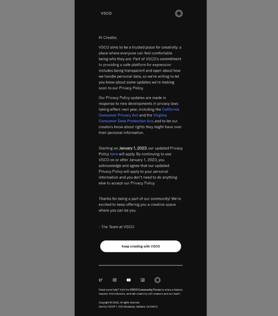 vsco email notification