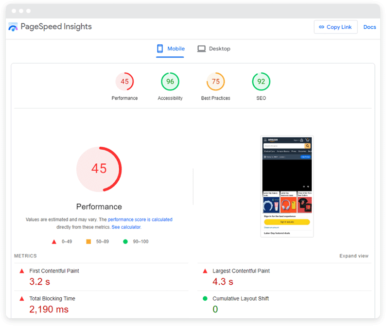 Скриншот из PageSpeed ​​Insights с сайтом с низкой производительностью.