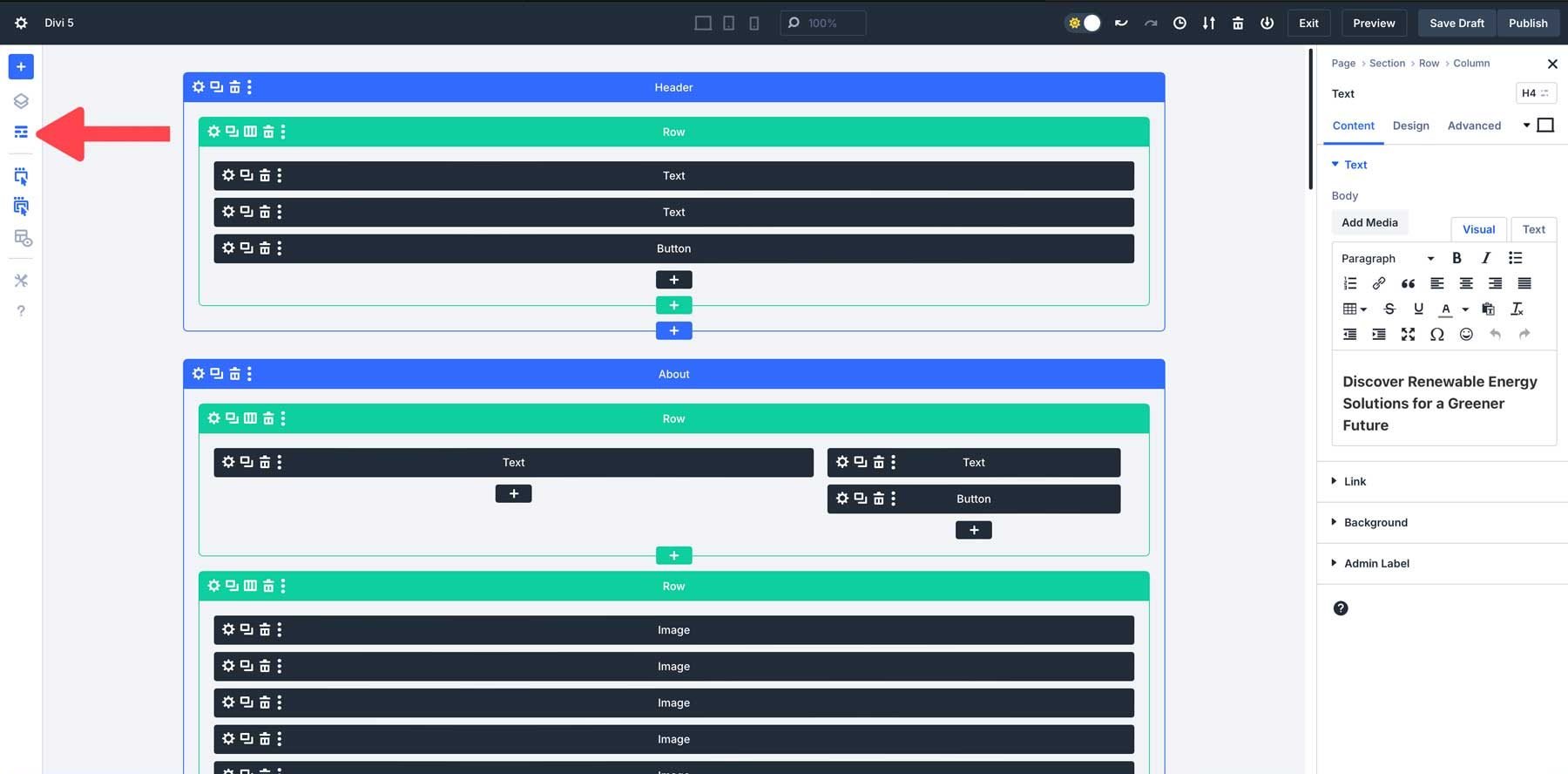 Vista wireframe di Divi 5