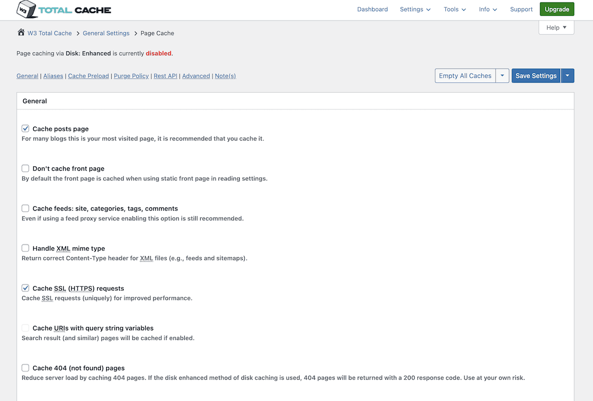 A página de configurações do W3 Total Cache.