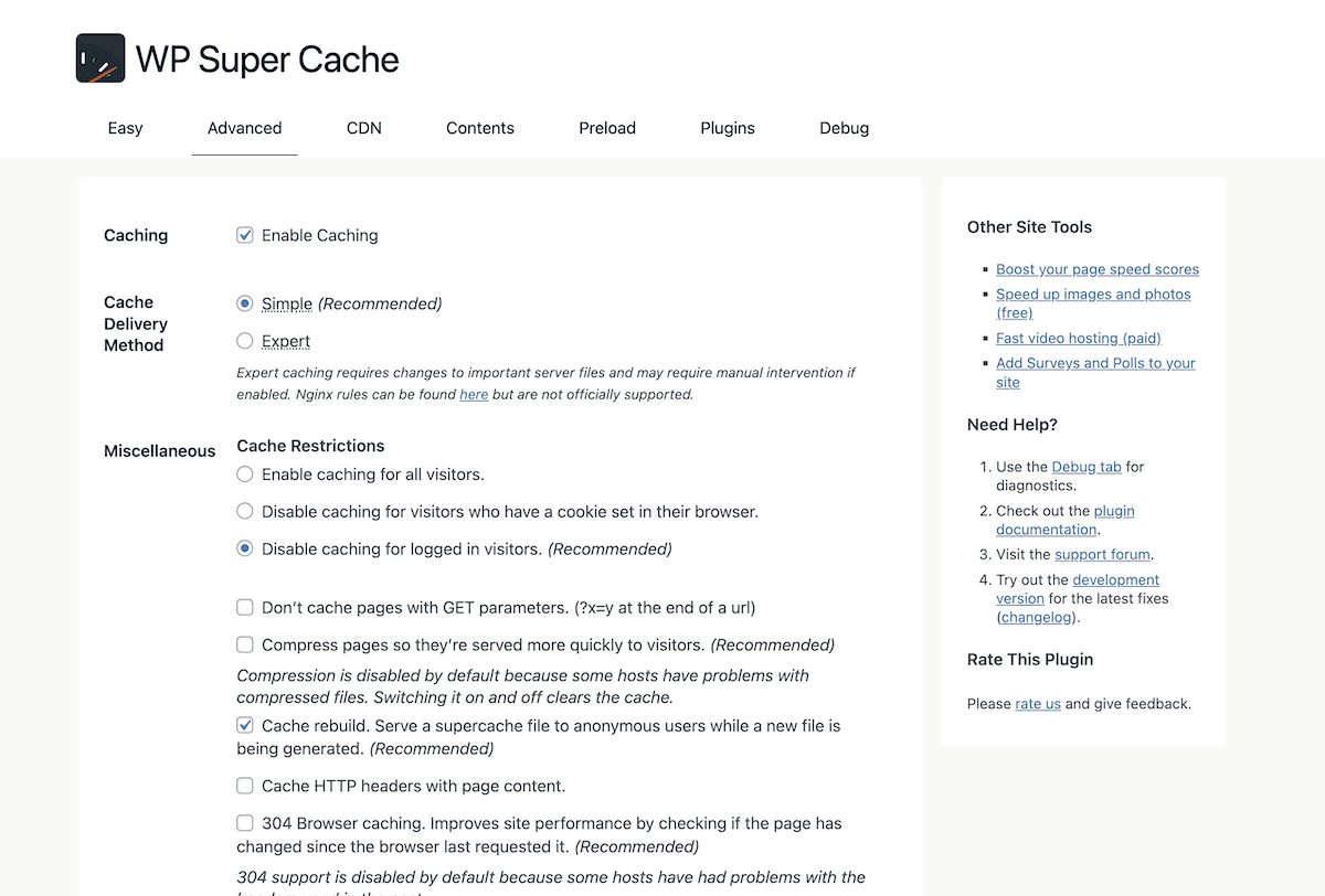 แท็บขั้นสูงภายในปลั๊กอิน WP Super Cache