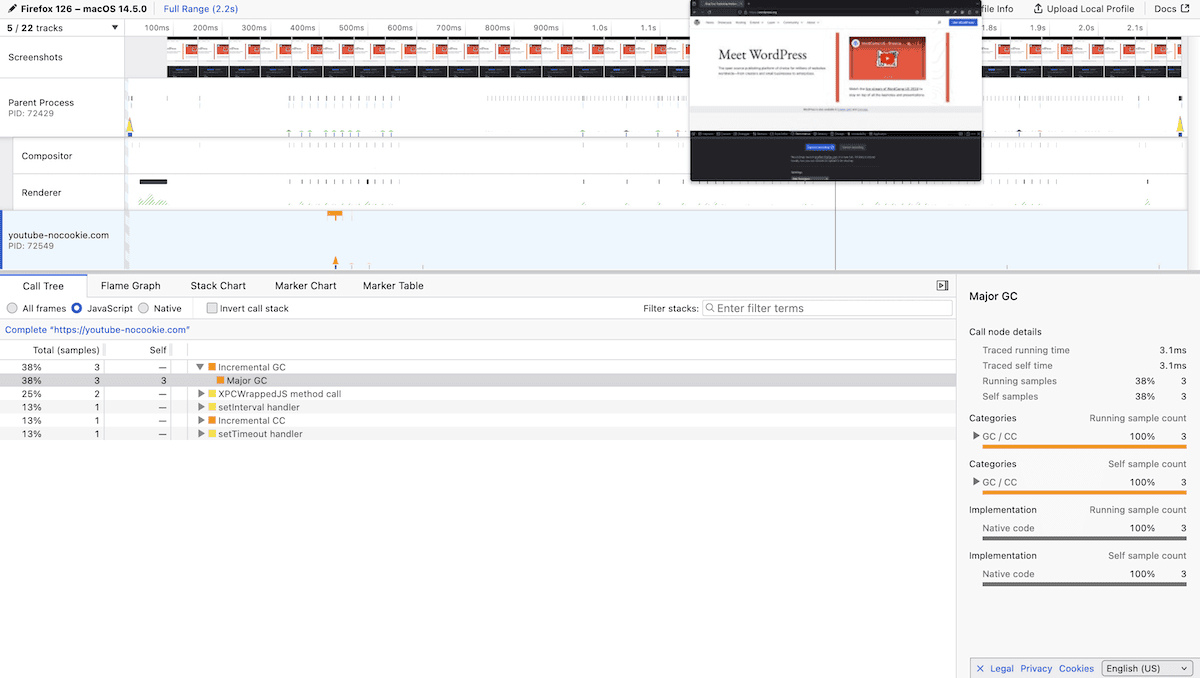 As ferramentas para desenvolvedores do Firefox, mostrando as métricas de desempenho do site WordPress.org, junto com uma linha do tempo de capturas de tela.