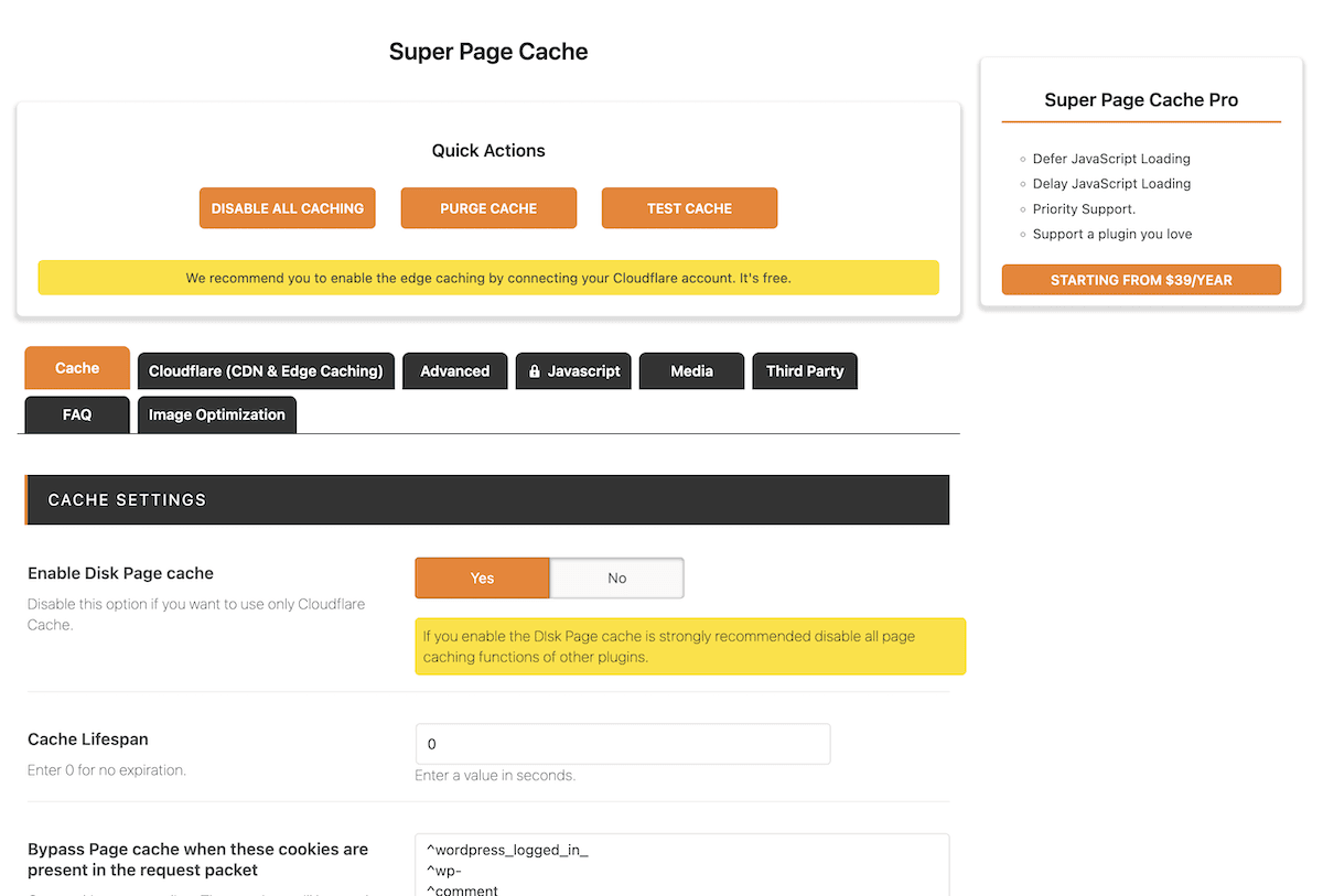 Ecranul de setări Super Page Cache.