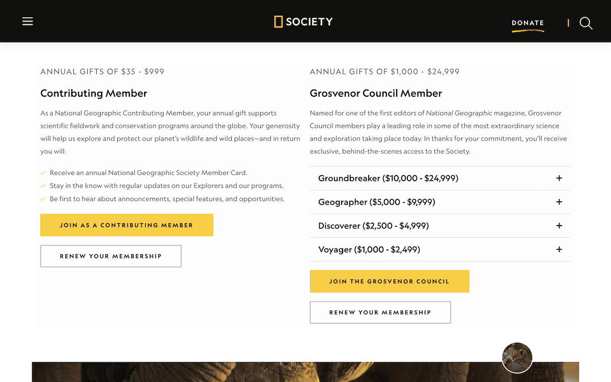 El sitio web de National Geographic que muestra los precios de sus membresías.