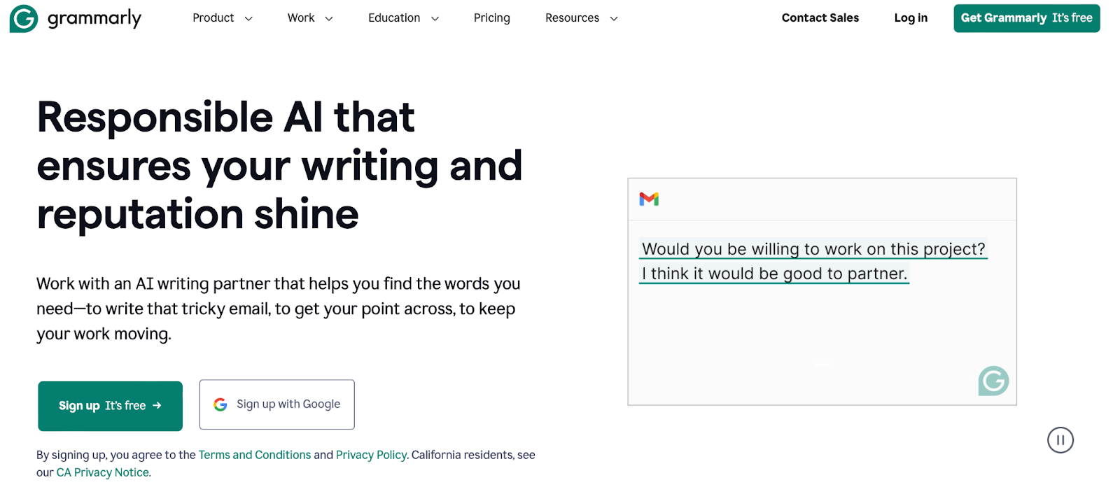 Grammarly.com CTA: uno degli strumenti di controllo ortografico e grammaticale più popolari sul mercato.