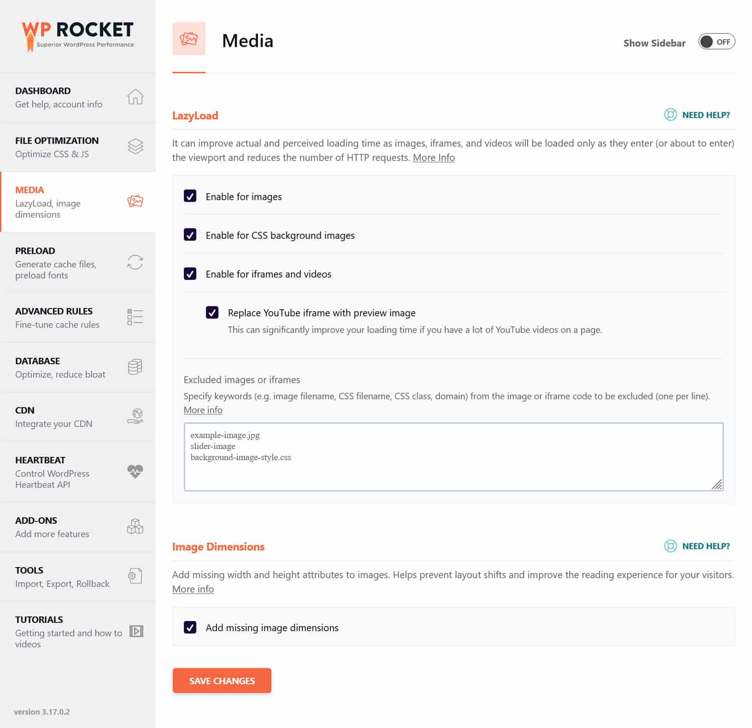 Exemplu de interfață utilizator WP Rocket