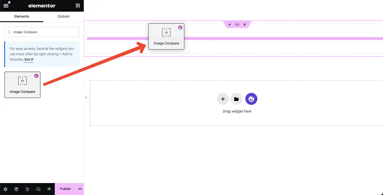 Drag and drop the Image Compare widget to Elementor Canvas