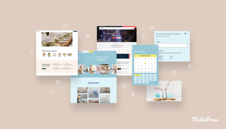 Kolaż najlepszych szablonów witryn do wynajmu imprez dla WordPress na beżowym tle.