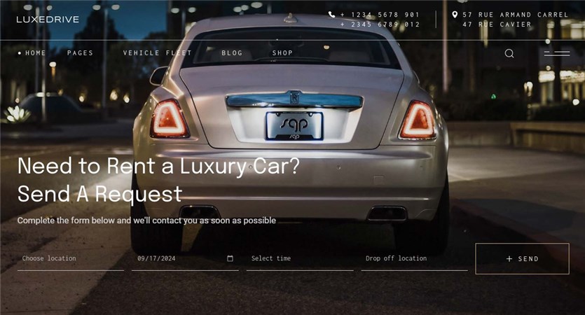 WordPress レンタル サイト用の LuxeDrive 車テーマのスクリーンショット。