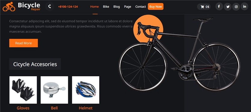 Screenshot del sito demo WordPress gratuito di Bike Rental Shop.