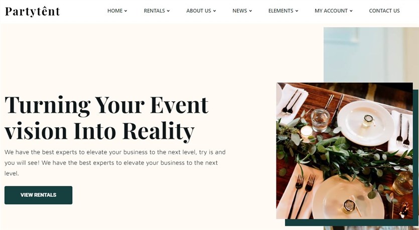 WordPress 的 Partytent 派对设备租赁主题的屏幕截图。