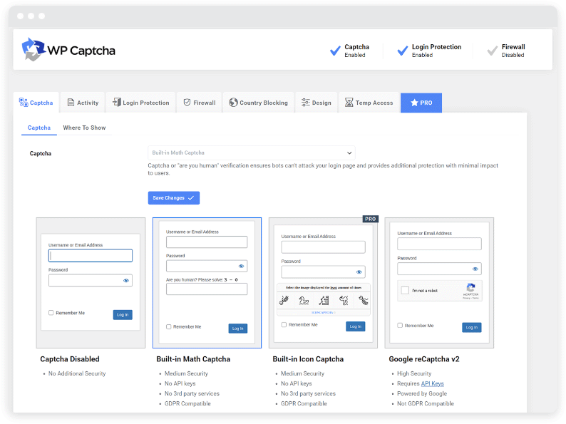 El panel del complemento antispam WP Captcha