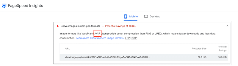 Google merekomendasikan untuk mengonversi gambar ke AVIF untuk meningkatkan kinerja - Sumber: PageSpeed ​​Insights