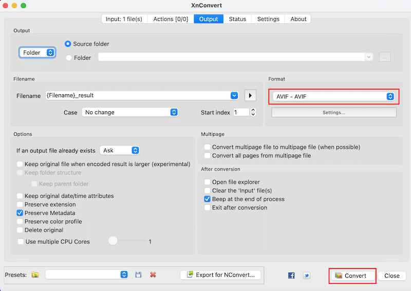 Seleccione el formato de salida (AVIF) y presione el botón Convertir - Fuente: XnConvert 