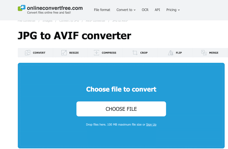 Unggah file Anda untuk konversi AVIF - Sumber: Onlineconvertfree 