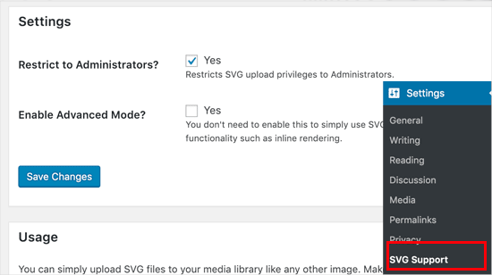 Configuring the SVG support plugin Settings