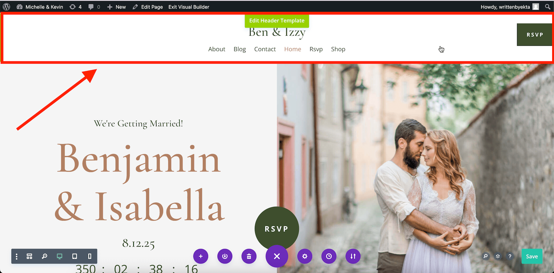 intestazione predefinita su tutte le pagine del sito web del matrimonio