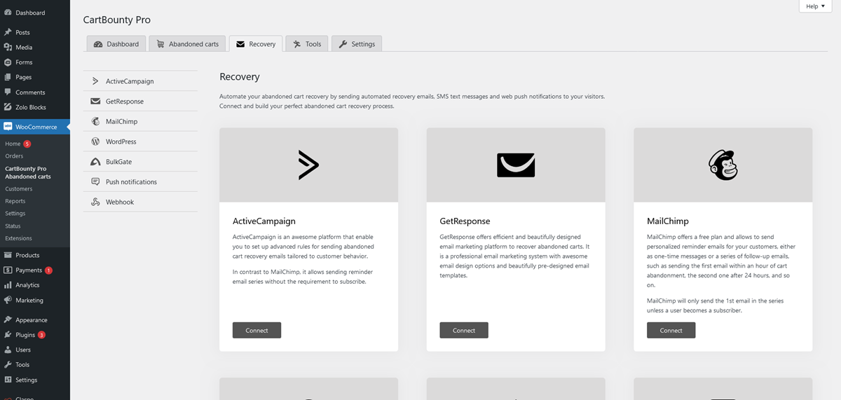 Tools und Integrationen für den Wiederherstellungsablauf von CartBounty