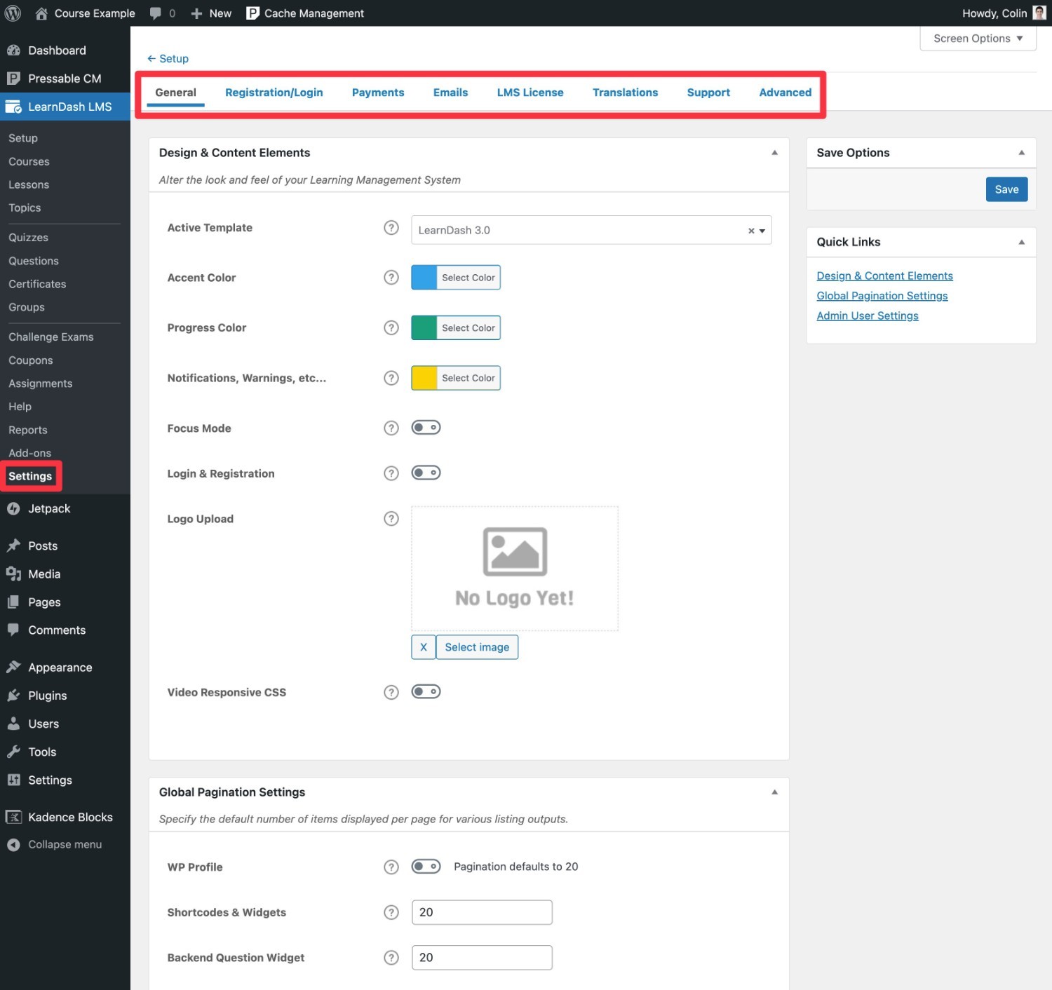 Área de configurações do LearnDash