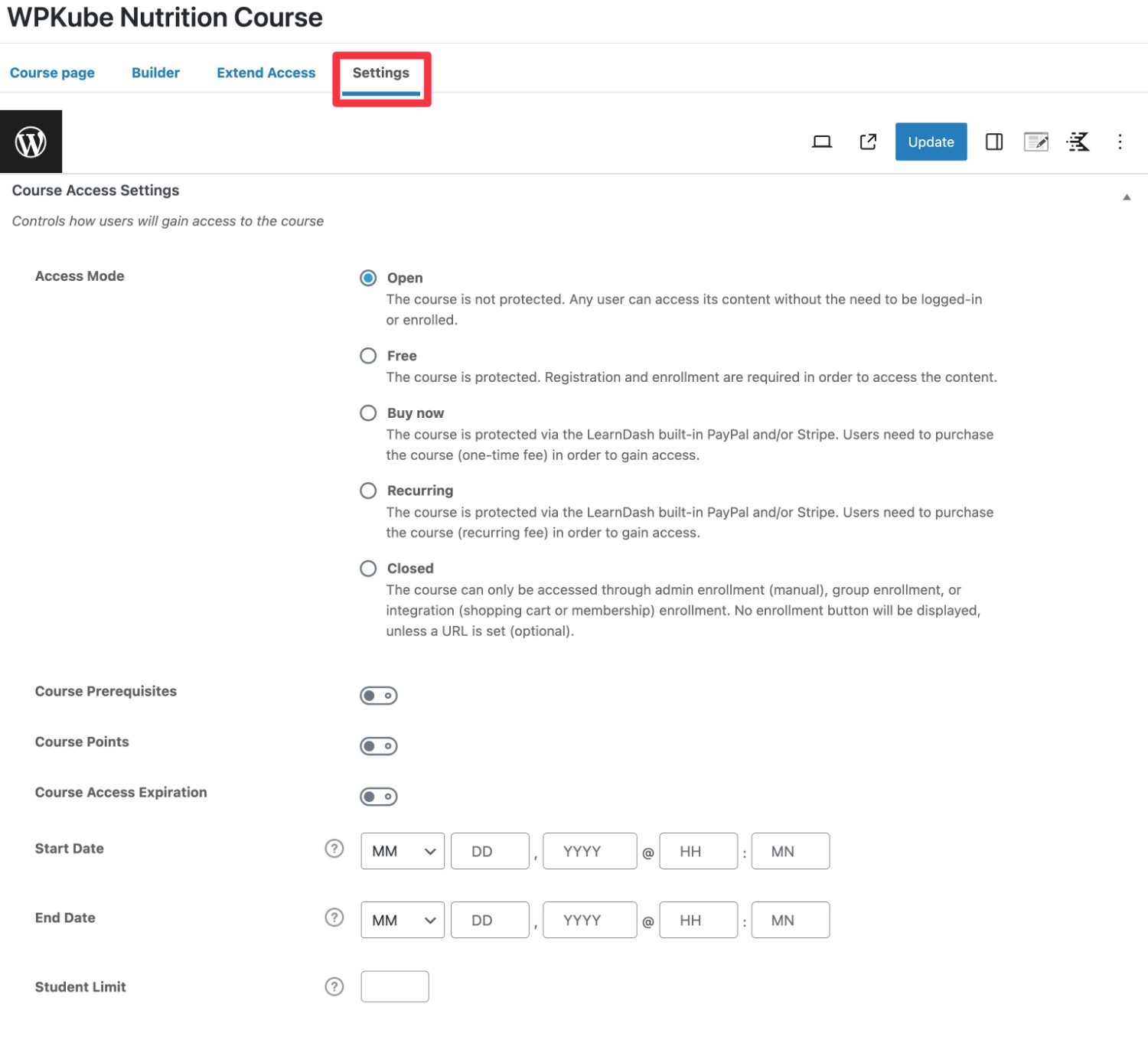 Configuración del curso