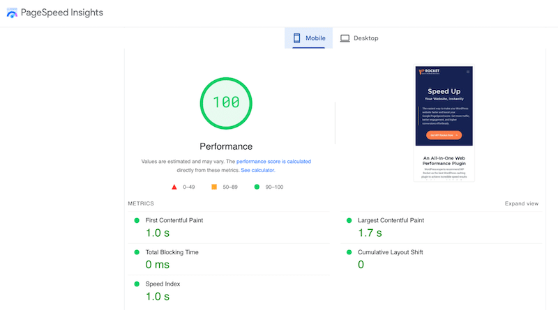 คะแนนประสิทธิภาพ - ที่มา: PageSpeed ​​Insights 