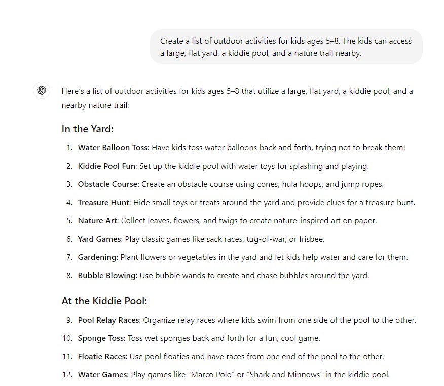 ChatGPT affichant une réponse à une invite spécifique, répertoriant les activités de plein air pour les jeunes enfants