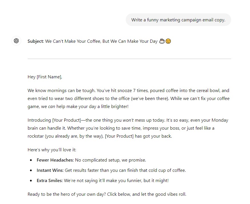 ChatGPT 「面白いマーケティング キャンペーンのメール コピー」のプロンプト