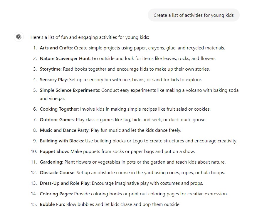 ChatGPT mostrando uma resposta a atividades de listagem ampla e imediata para crianças pequenas