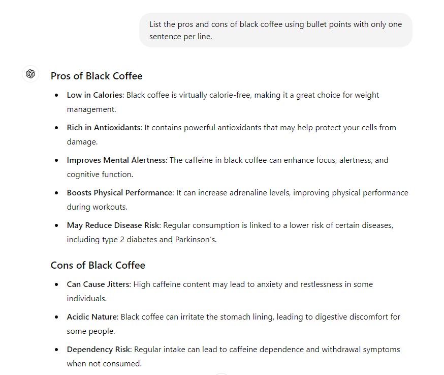 Interface ChatGPT AI com um prompt pedindo para listar os prós e contras do café preto